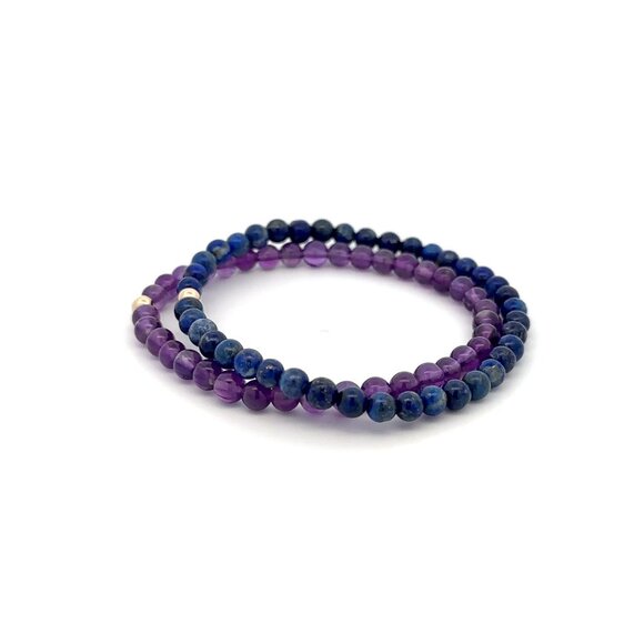 Lapis Lazuli & Amethyst Gemstone Stretch Bracelet with 14K Gold Accent Bead Hand - Picture 3 of 7
